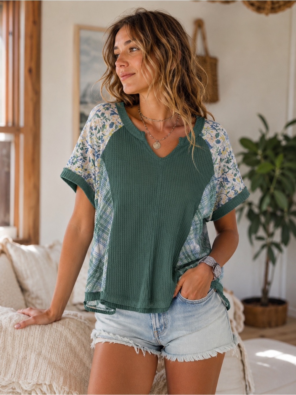 Cato Waffle Knit Floral Plaid Colorblock Top Boho Cottagecore XL 14/16